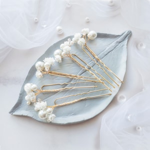 Wedding hair piece pearl flower babys breath pins Bridal