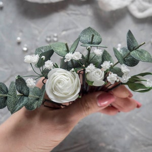 Bridal eucalyptus hair piece rose flower pins babys breath