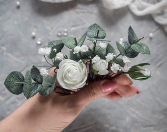 Bridal eucalyptus hair piece rose flower pins babys breath