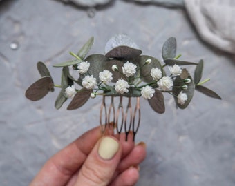 Bridal hair comb eucalyptus babys breath piece greenery