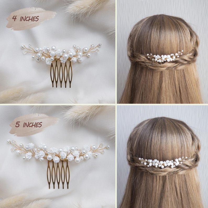 May include: Two gold-toned hair combs featuring white floral accents and white pearls arranged on thin wire branches. One comb measures 4 inches in width, and the other comb measures 5 inches in width. Both combs are shown styled in hair.