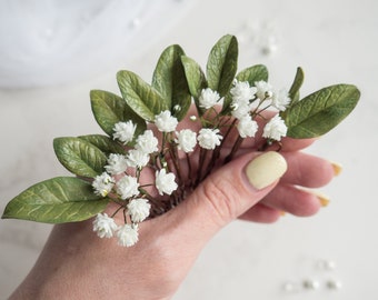 Bridal flower hair piece - Wedding floral pins babies breath greenery