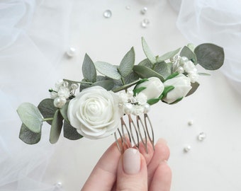 Pieza de pelo de eucalipto nupcial, tocado de boda, peine de flores, accesorio floral verde