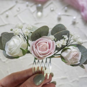 Bridal eucalyptus hair comb rose floral headpiece babys breath