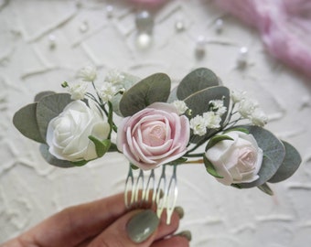 Peigne de mariée en eucalyptus, rose, coiffe florale, haleine de bébé