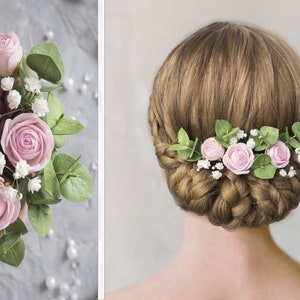 Wedding eucalyptus hair piece rose pins flower headpiece