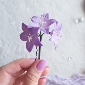 Lilac wedding hair piece for bride with campanula flower