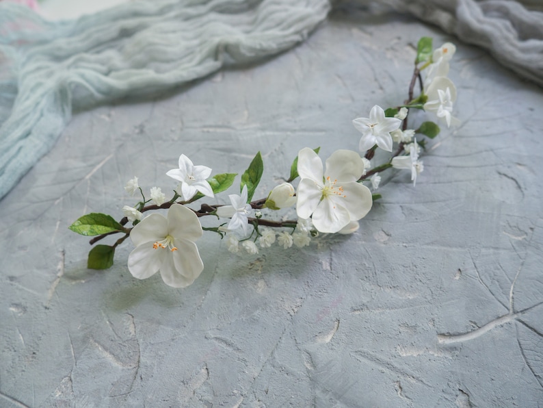 white cherry blossom and campanula Bridal babys breath hair vine with gypsophila flower