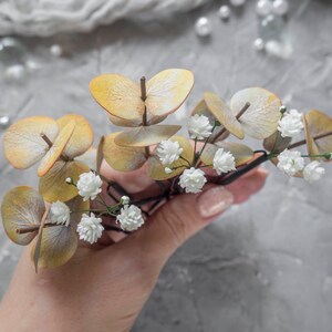 Fall wedding hair piece eucalyptus pins - yellow gray floral headpiece