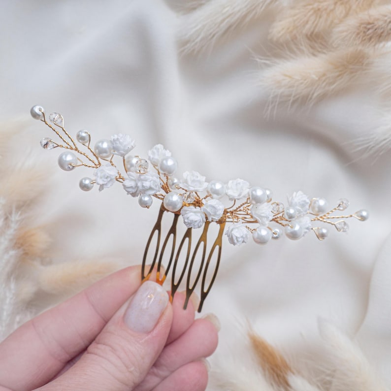 Wedding flower hair pins pearl piece babys breath - bridal headpiece image 18