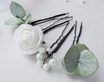 Eucalyptus hair pins bridal headpiece, wedding pearl flower piece, greenery comb floral accessory