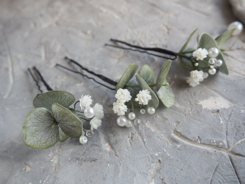 Pearl eucalyptus hair piece Bridal pins wedding flower clip Pearl eucalyptus hair piece Bridal pins wedding flower clip