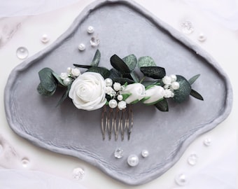 Wedding eucalyptus hair piece, Bridal floral comb, pearl headpiece flower