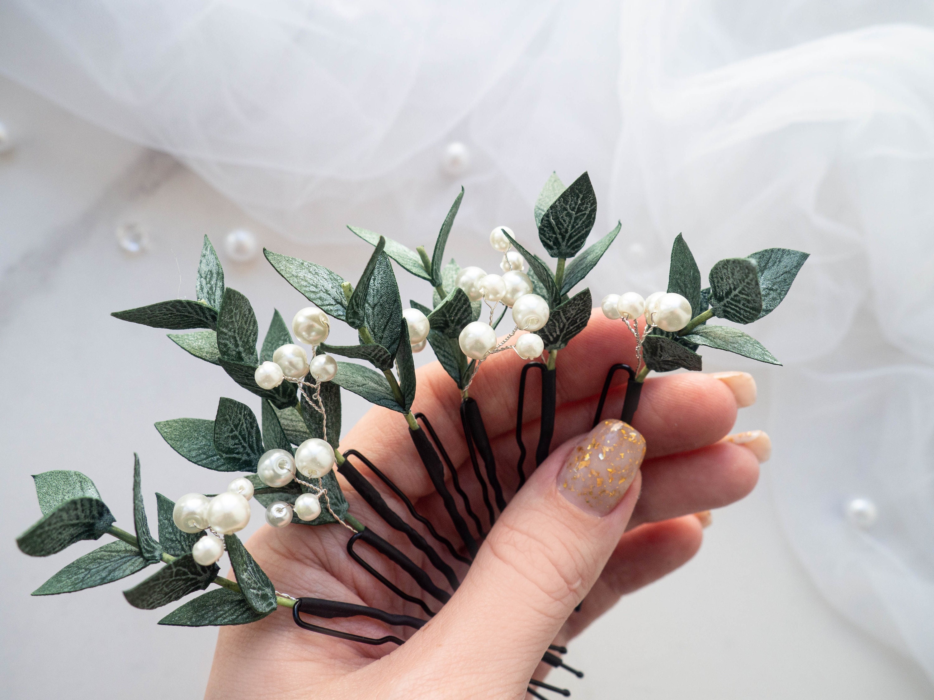 Horquillas para el pelo con perlas de eucalipto para boda, horquillas para novia, vegetación