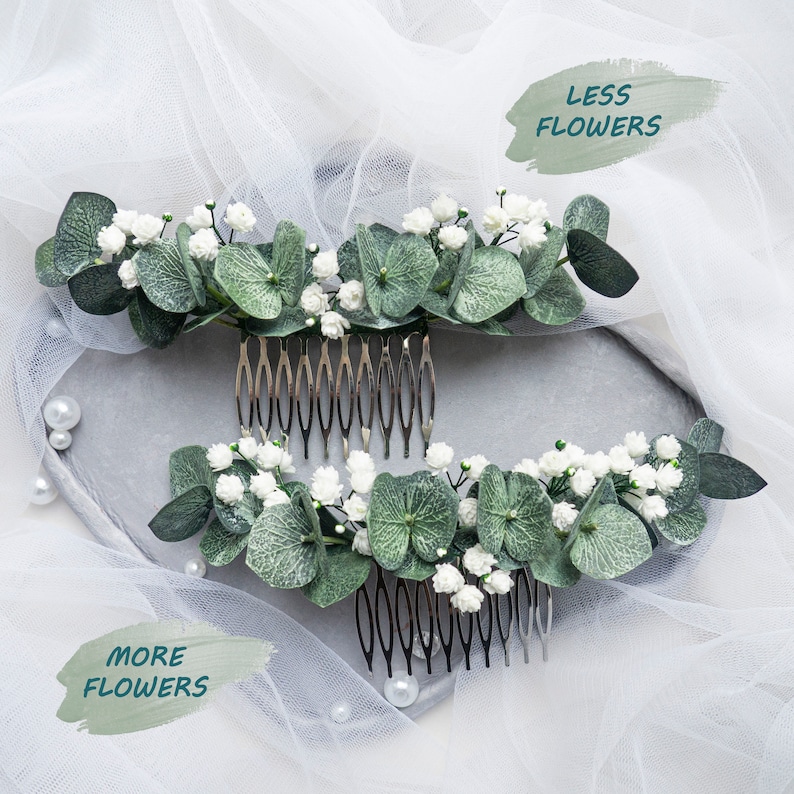 Wedding eucalyptus hair piece comb Bridal headpiece 6 (18+15 flowers) cale