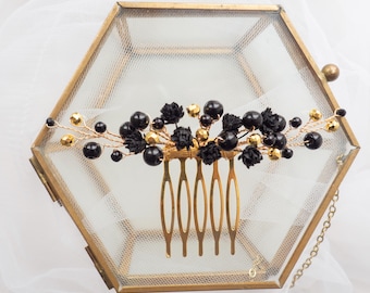 Black Gothic wedding hair comb, Flower pearl  bridal hair piece, babys breath bridesmaid clip