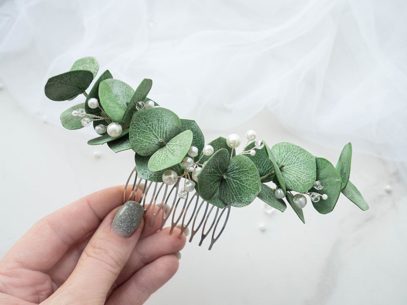 Hochzeit Eukalyptus Perlen Haarschmuck Brautkamm Kopfschmuck grün Bild 7