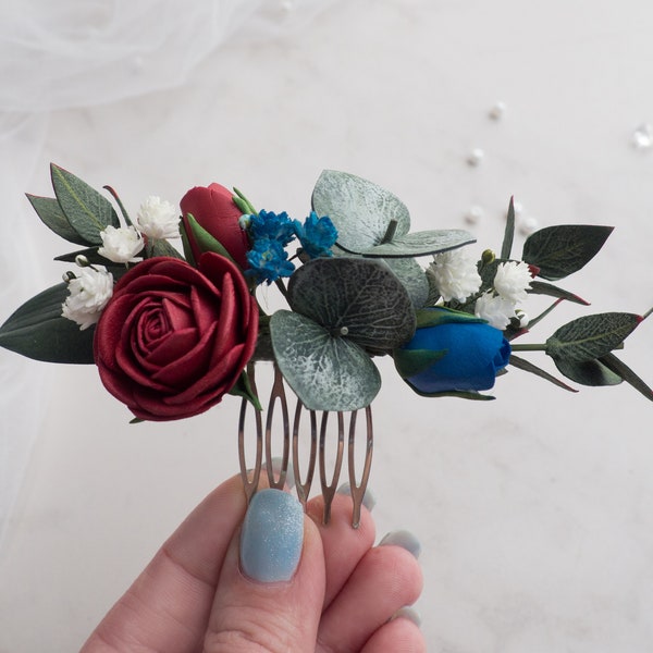 Burgundy bridal hair piece Wedding eucalyptus comb - Flower clip blue