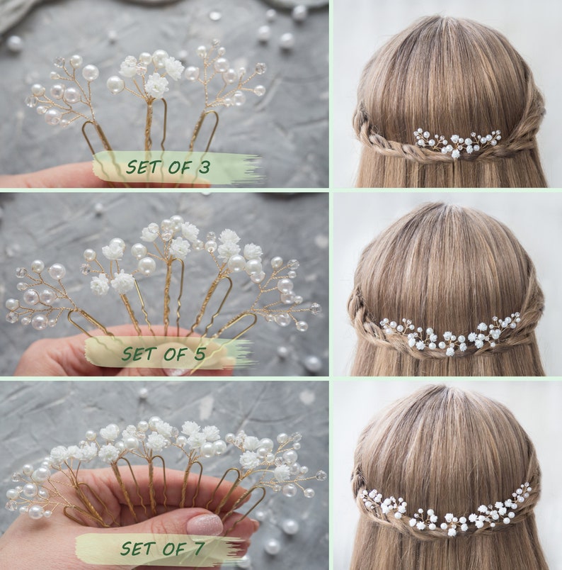 Wedding flower hair pins pearl piece babys breath bridal headpiece afbeelding 4