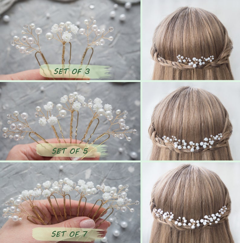 Wedding flower hair pins pearl piece babys breath bridal headpiece Bild 4