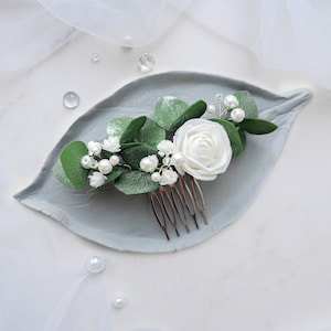 Pente de cabelo de eucalipto, acessório de cabeça de pérola para noiva, peça floral para casamento e folhagens