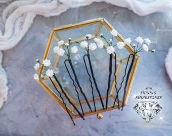 Bridal flower hair piece rhinestones сrystal pins - Babys breath gypsophila