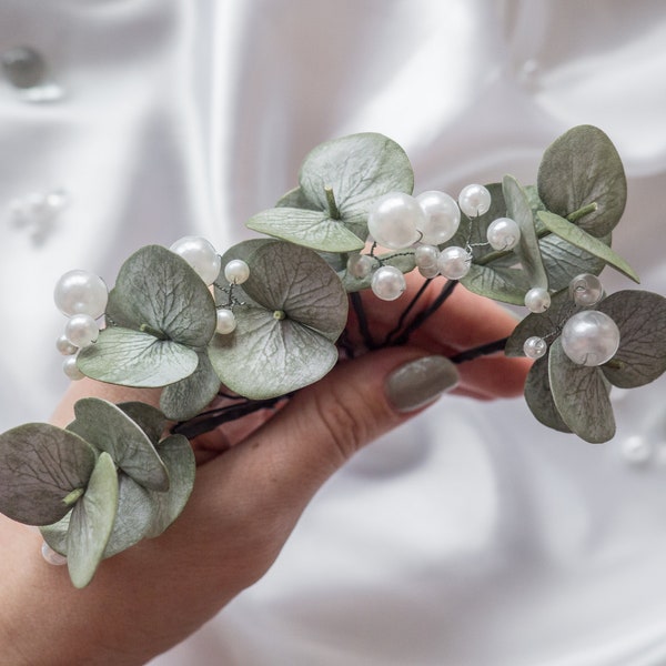Wedding eucalyptus hair piece pearl bridal pins flower bride