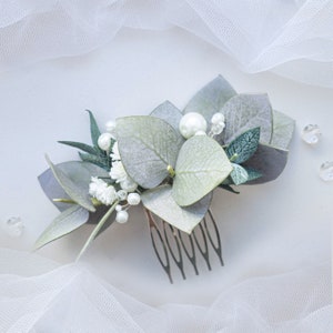 Eucalyptus bridal hair piece, Wedding pearl comb floral headpiece