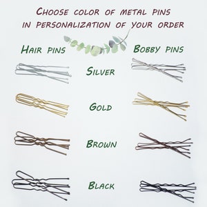 May include: A set of hair pins and bobby pins in four different colors: silver, gold, brown, and black. The pins are arranged in rows, with the color of each pin indicated below it. The text "CHOOSE COLOR OF METAL PINS IN PERSONALIZATION OF YOUR ORDER" is at the top of the image.
