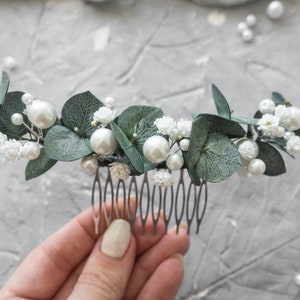 Wedding pearl eucalyptus hair comb Flower piece bridal headpiece