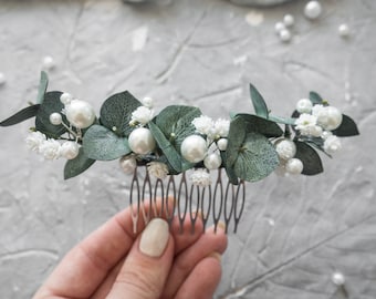 Wedding pearl eucalyptus hair comb Flower piece bridal headpiece