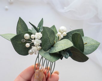 Bridal eucalyptus hair piece, wedding pearl comb floral headpiece