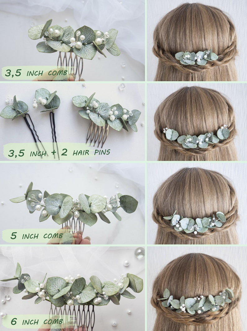 Wedding eucalyptus pearl hair piece bridal comb headpiece greenery zdjęcie 2