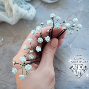 Bridal hair accessory Blue flower pins - Rhinestones crystal Babys breath piece