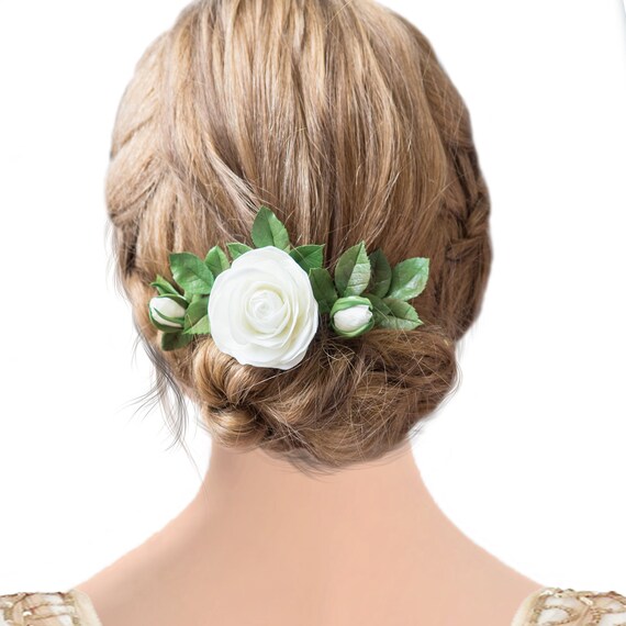 White Rose Flower Wedding Hair Piece , Floral Pins for Bride  display picture 3