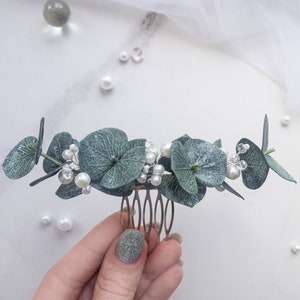 Wedding eucalyptus pearl hair piece bridal comb headpiece greenery zdjęcie 6