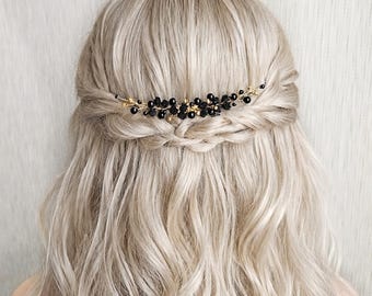 Black Gothic wedding hair piece, Flower pearl  bridal hair comb, babys breath bridesmaid clip