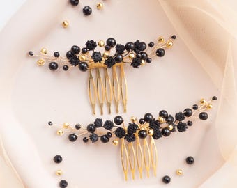 Gothic wedding hair comb, Black Flower pearl  bridal hair piece, babys breath bridesmaid clip