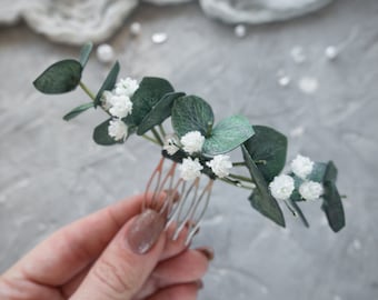 Bridal hair piece eucalyptus greenery babys breath comb