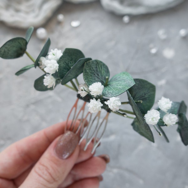 Bridal hair piece eucalyptus greenery babys breath comb