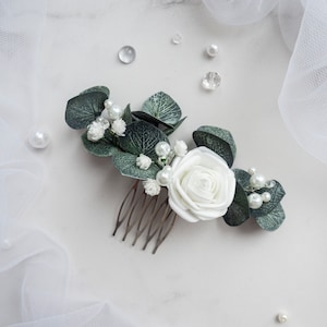 Pente de cabelo de noiva de eucalipto verde, enfeite de cabeça de flor de casamento com pérola