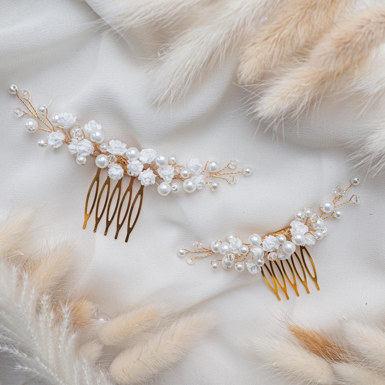 Wedding flower hair pins pearl piece babys breath - bridal headpiece image 17