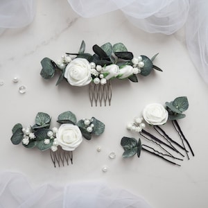 Pente de eucalipto para casamento, acessório de cabeça com flores para noiva, alfinetes de pérola
