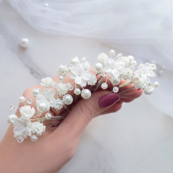 Horquillas de perlas para el cabello de novia, adorno floral para el cabello de boda, tocado floral