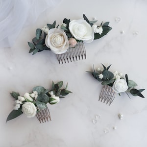 Rose eucalyptus wedding hair piece White bridal comb - Flower clip ivory