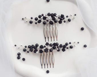 Gothic wedding hair comb, Black Flower pearl bridal hair piece, babys breath bridesmaid pins