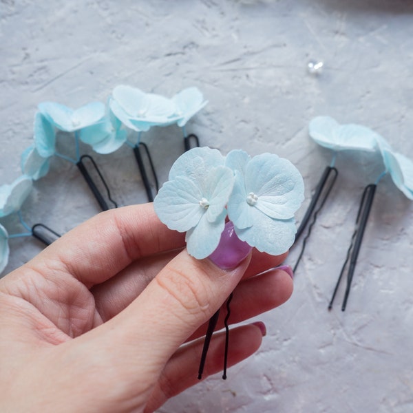 Wedding flower bobby pins Blue hydrangea hair clip
