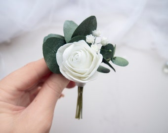 Wedding boutonniere for men, Eucalyptus groom flower brooch, Father of the groom lapel pins