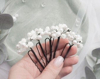 Pearl Bridal hair pins, Wedding babys breath hair piece, Bride clip Flower headpiece
