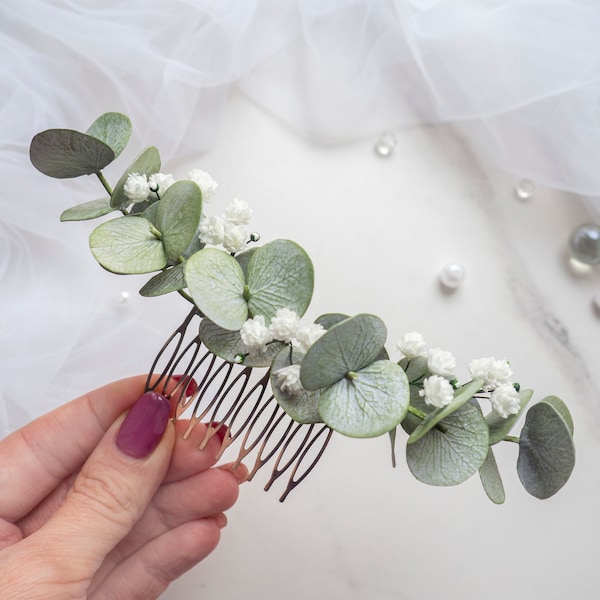 Bridal eucalyptus hair comb babys breath greenery piece